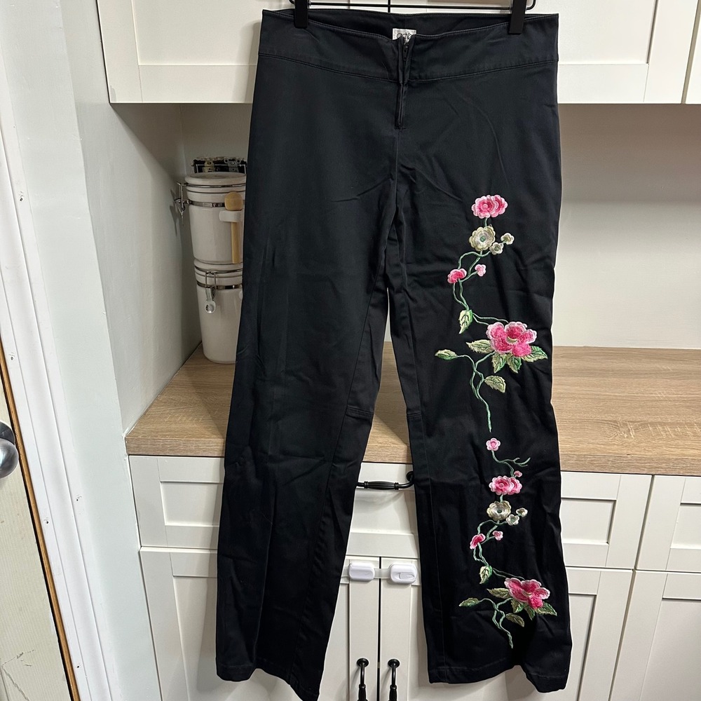 Vintage Cache Trousers Women 6 Black Floral Embroidered Mid Rise Flare Pants Y2K